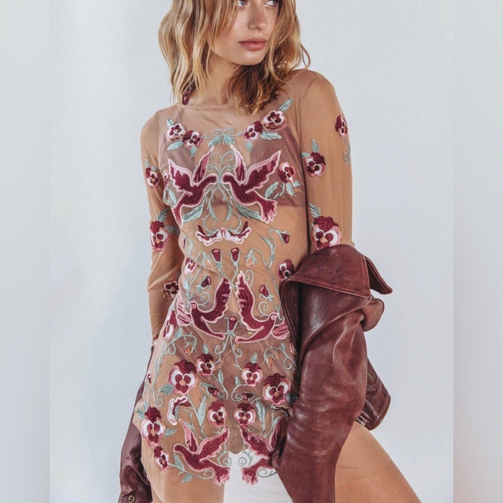 FOR LOVE & LEMONS Dove Embroidered Mesh Mini Dress Small New